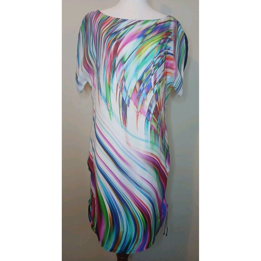 Milly Silk Dress Sz 8 Multicolor Shift Style Swirl Print w Rouched Side Hem $345 - Picture 3 of 15